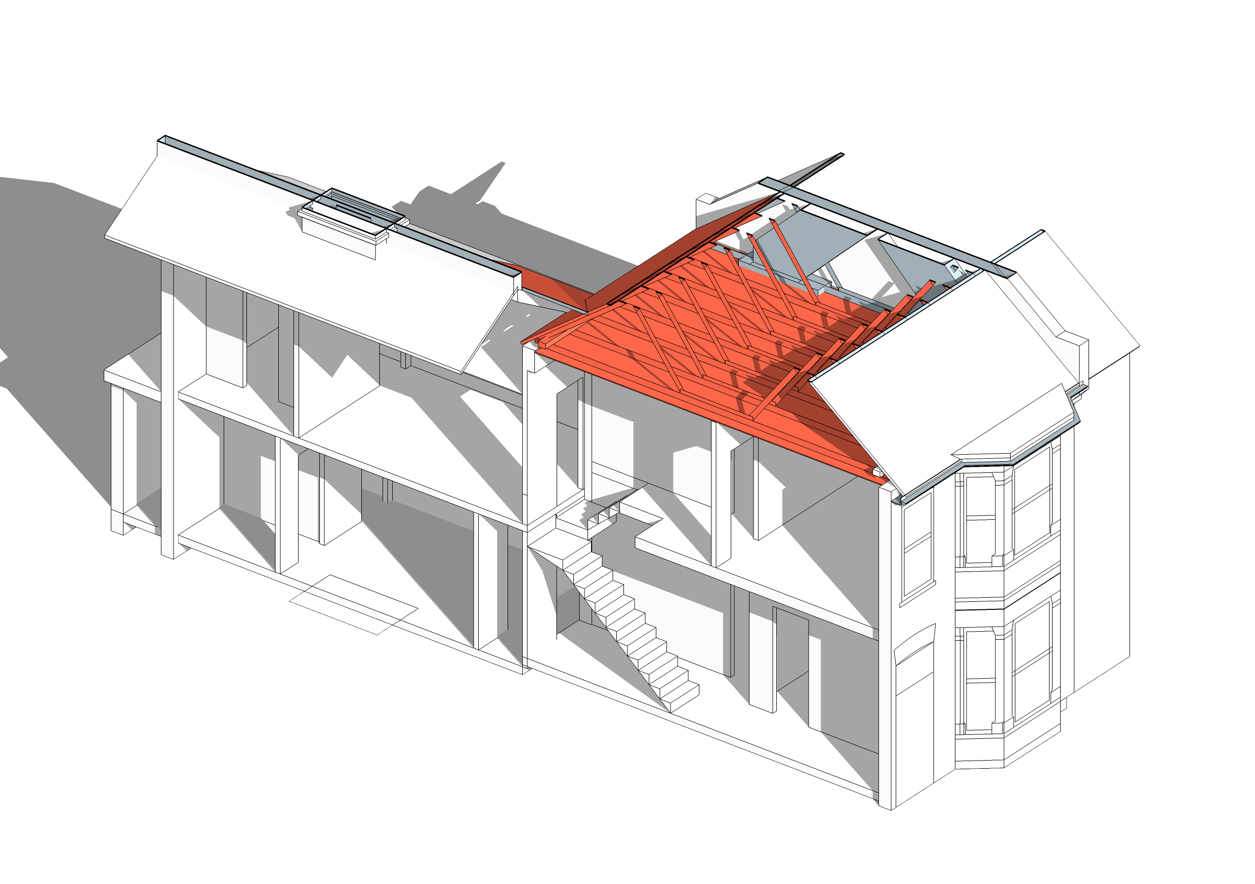 Three dimensional Plan, showing roof space to be modified in red
