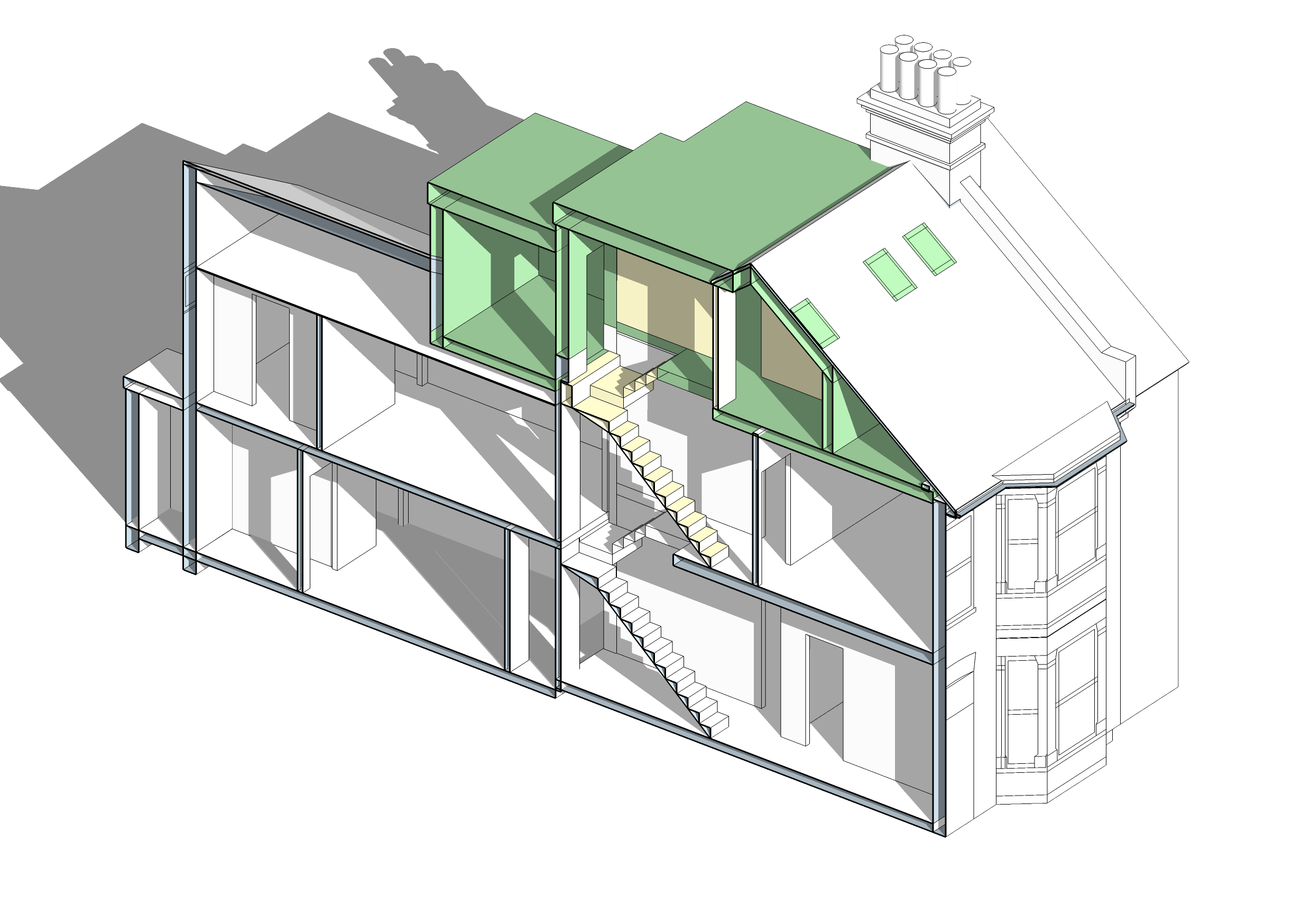Section through three storey building, showing loft extension proposal