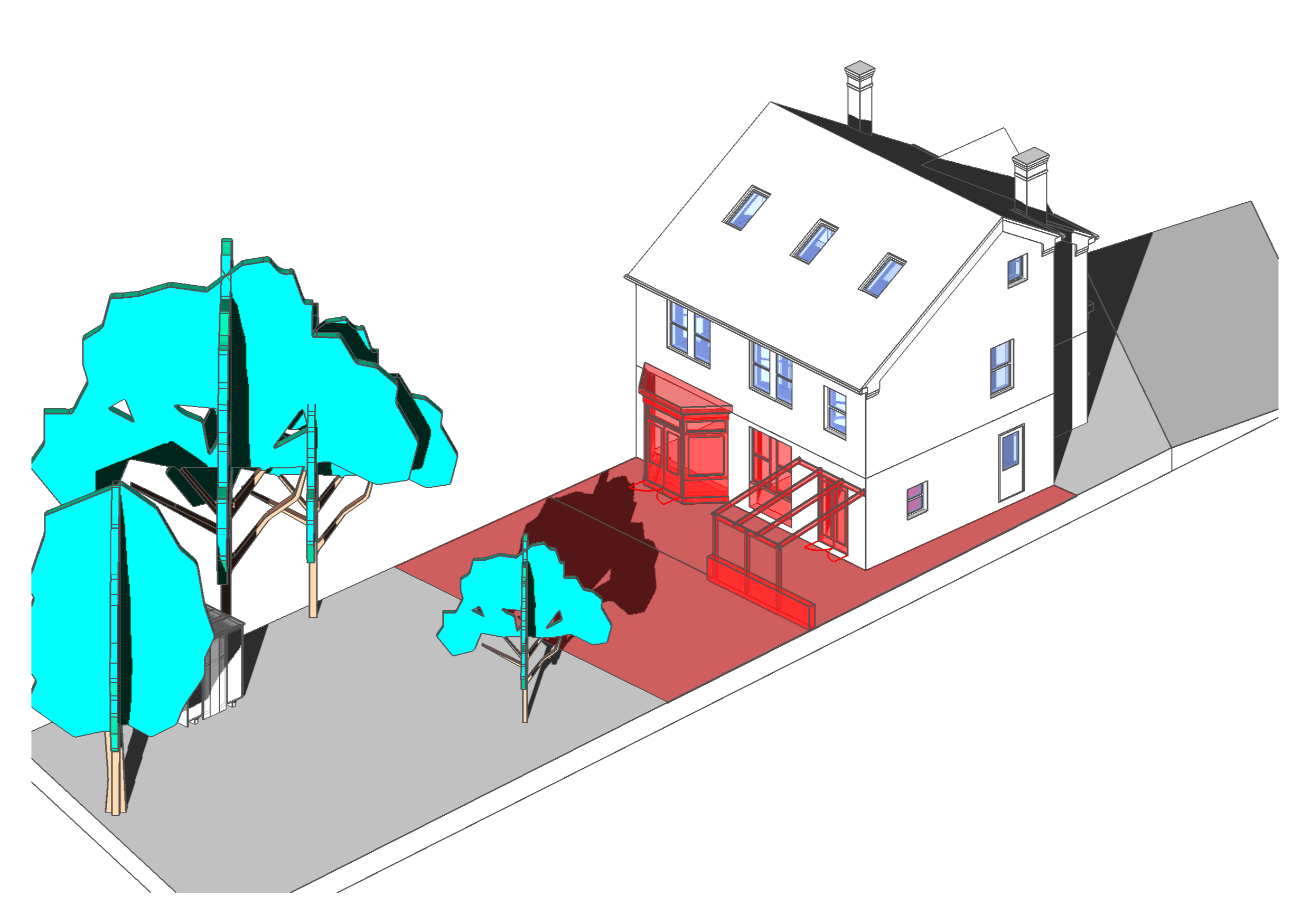 Rear view of detached house, showing areas to be modified in red
