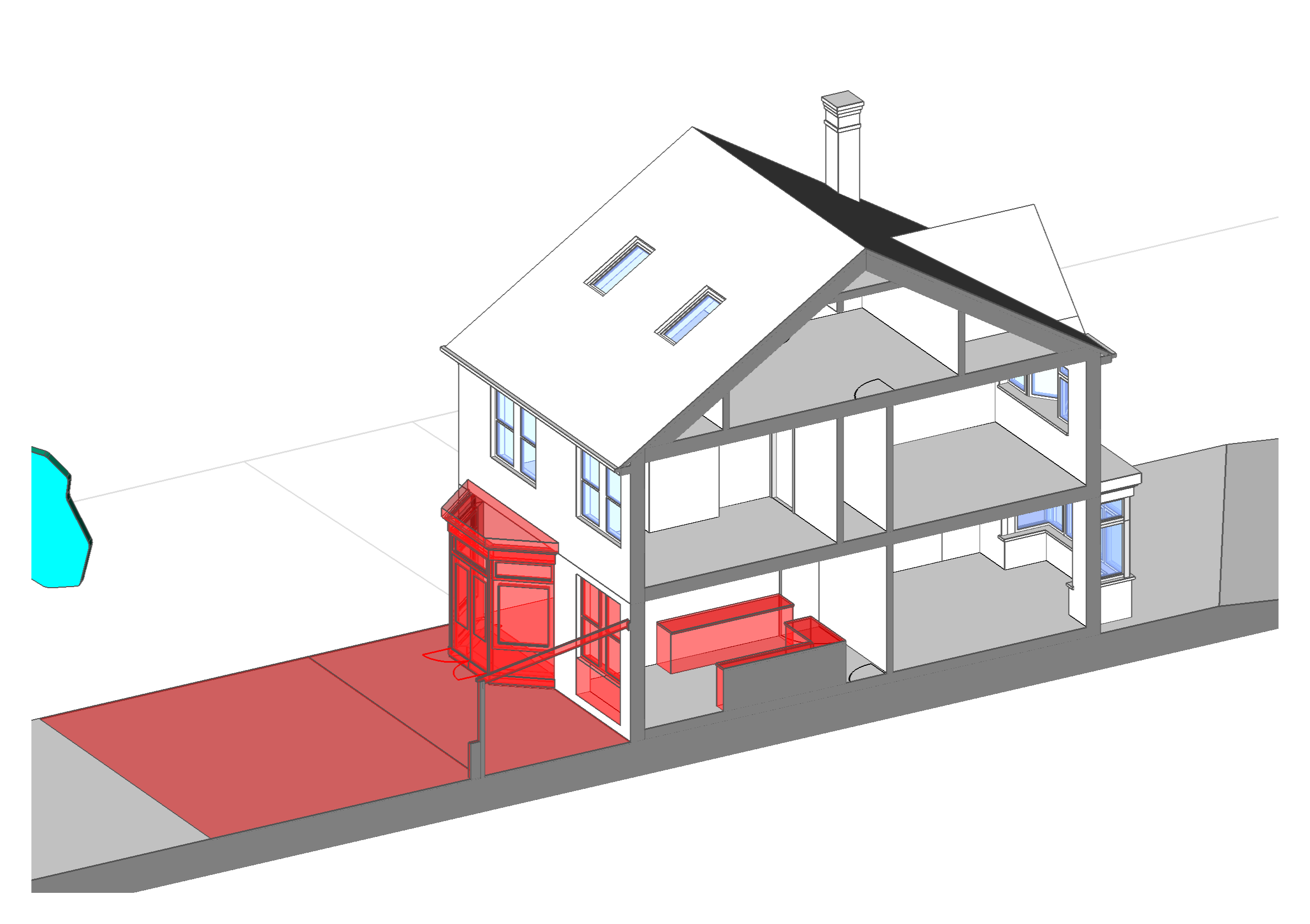 Section through three storey building, showing areas to be modified in red