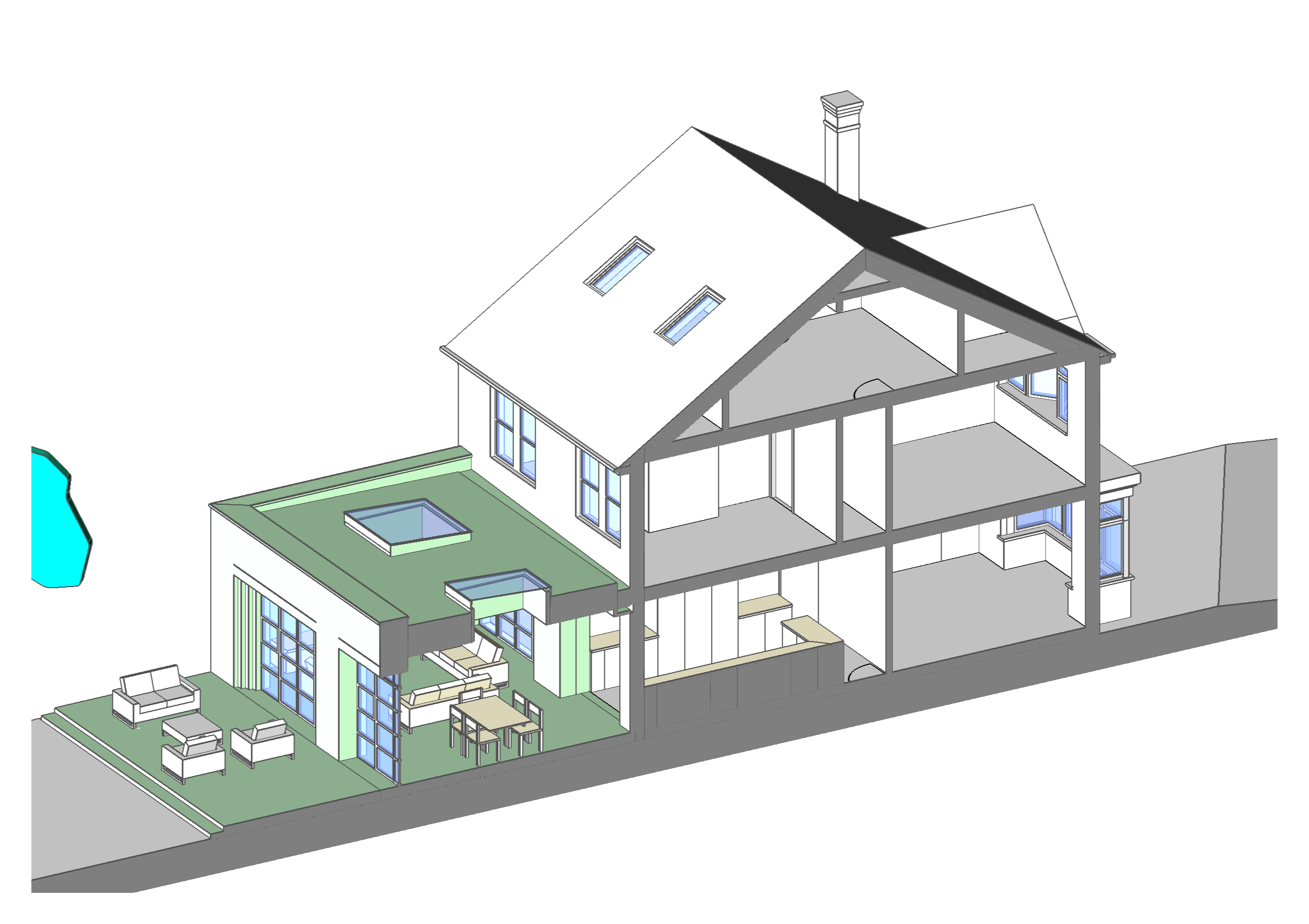 Section through three storey building, showing rear extension proposal