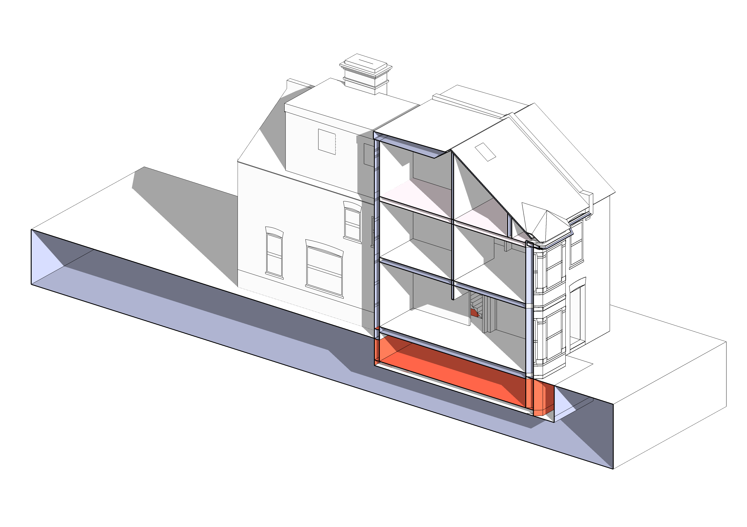 Section through four storey building, showing basement in red