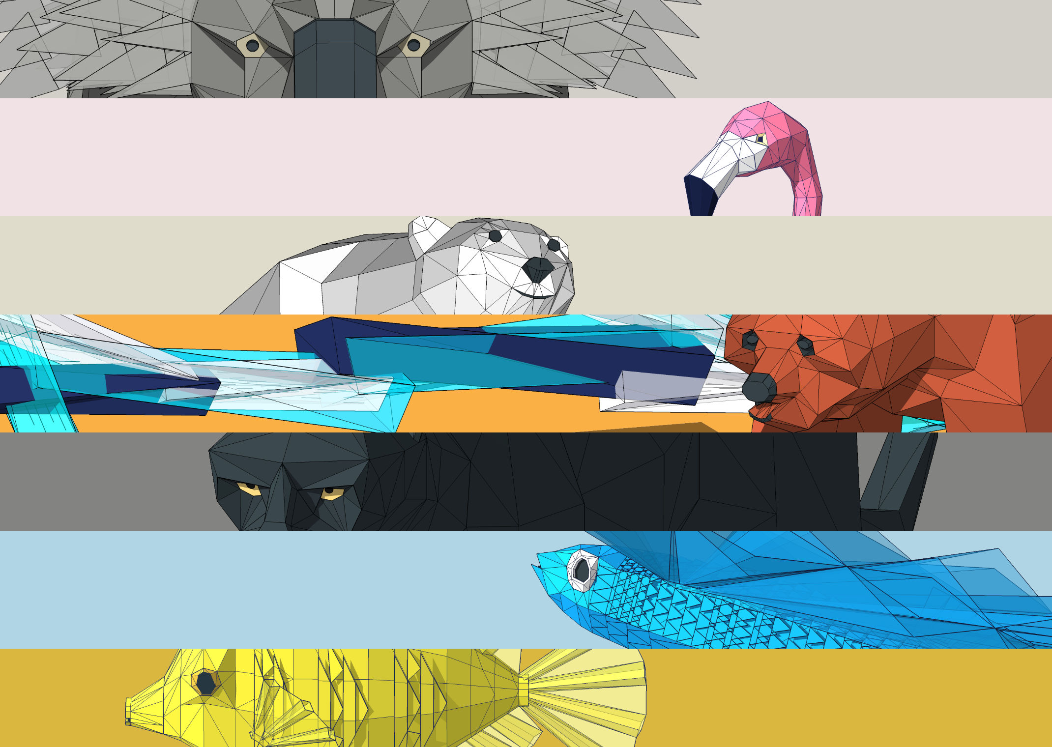 Seven colour strips made from, Grey Koala Bear looking straight, Pink Flamingo, White Polar Bear, Brown Bear walking, Black Panther with yellow eyes, Blue Flying Fish flying, Yellow Fish swimming